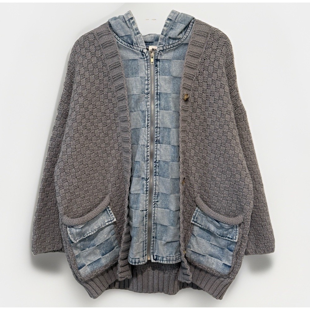 BiBi Gray Knit Twofer Cardigan Jean Jacket S Oversized Denim Hood Layered Check - Picture 2 of 9
